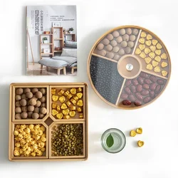 Bamboo Divided Nut Storage Tray Wooden Dried Fruit Candy Serving Trays with Lid Snack Dim Sum Platter for Parties Family