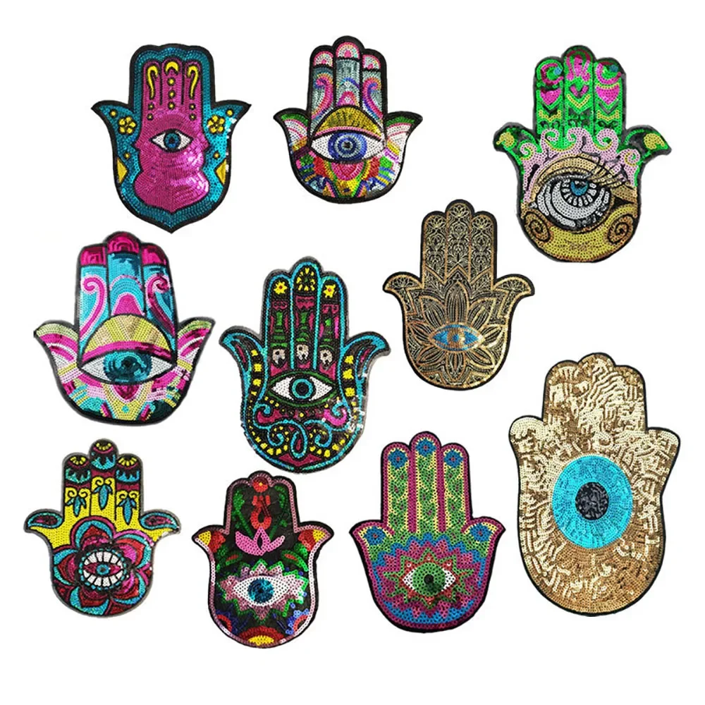 Ręka Niebieskie Oczy Cekiny Naszywki Na Ubrania Hamse Palm Fatima Witchcraft Haft Aplikacja Tkanina Odznaka DIY Odzież Dekoracja