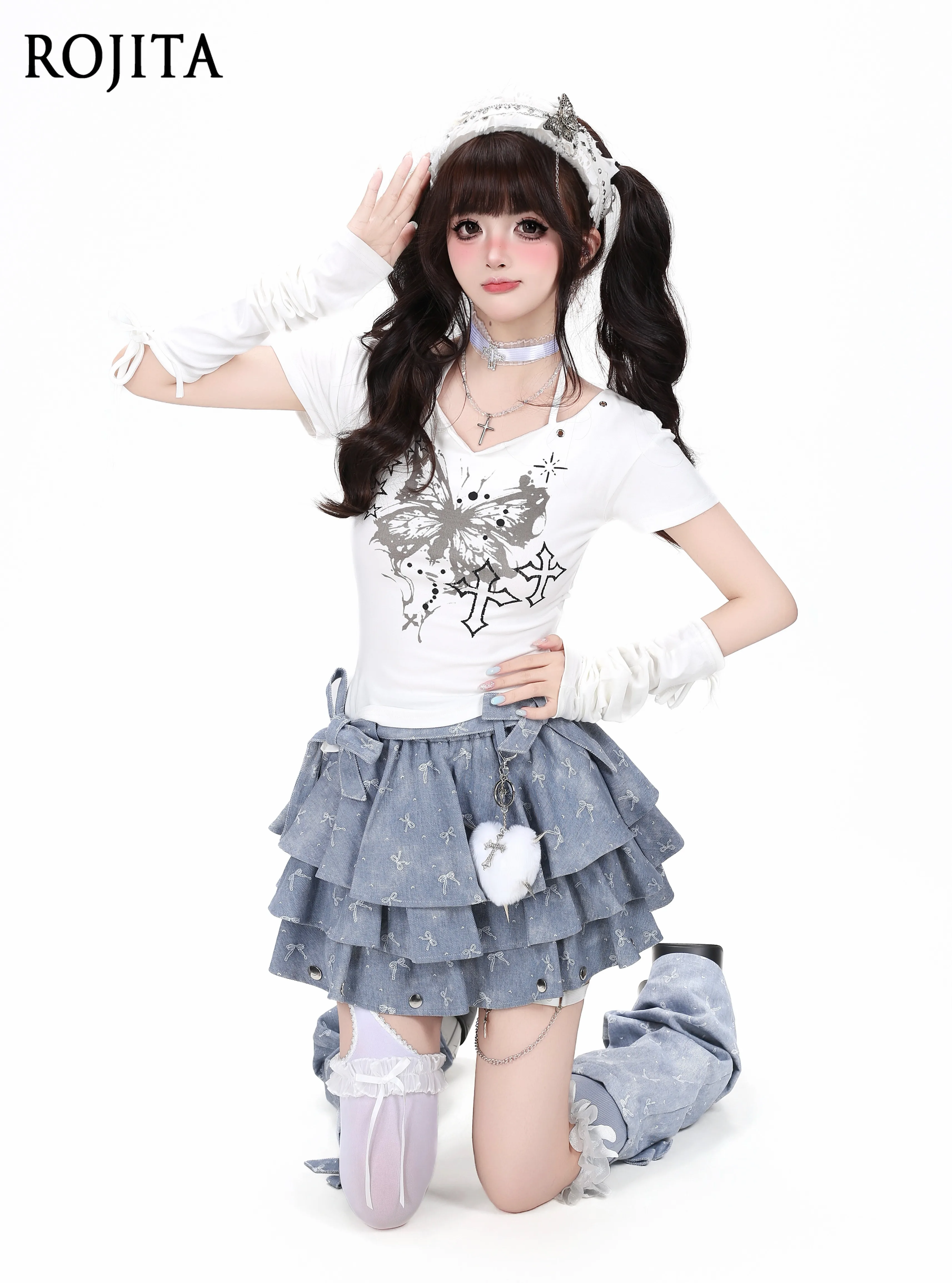 Y2K Kawaii Bow Print Denim Skirt Leg Warmers Set Women Multi Layer Ruffle Tiered Cake Skirt Flared Boot Covers Lolita Outfit