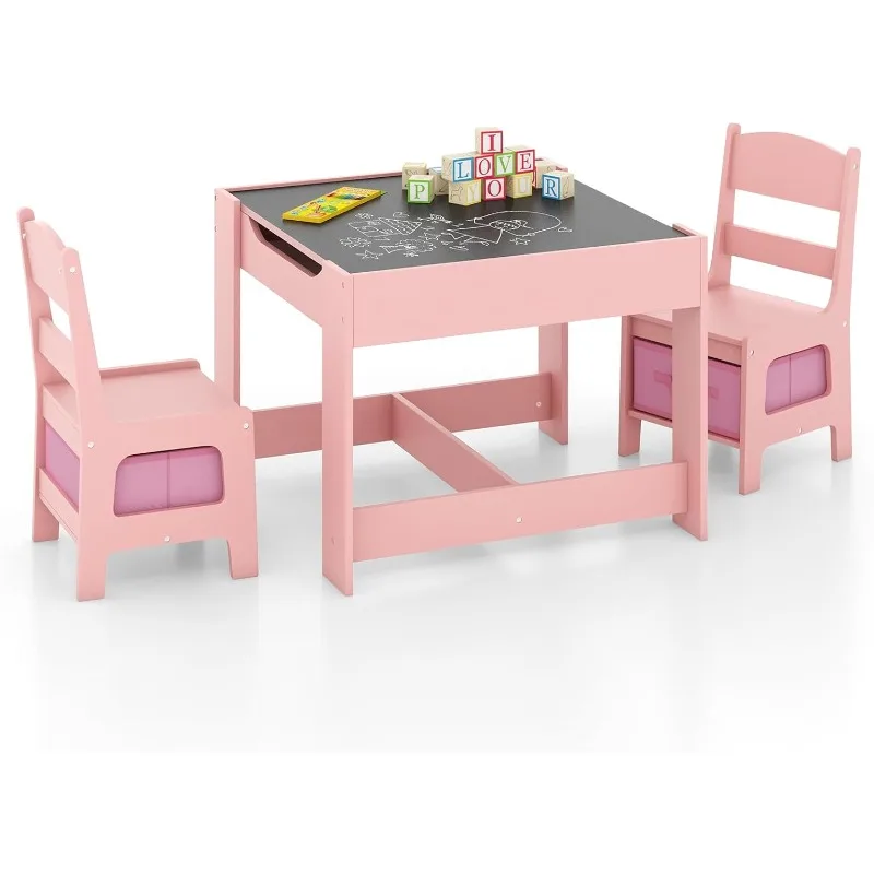 

Kids Wood Table and 2 Chairs Set with Blackboard & Storage Drawers, Children Multi Activity Table for Learning, Playing