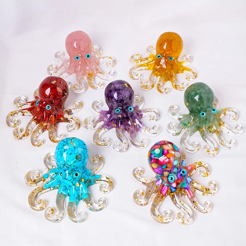 Natural Crystal Chip Stone Epoxy Resin Octopus Resin Crafts Home Office Desktop Octopus Squid Ornaments Gift