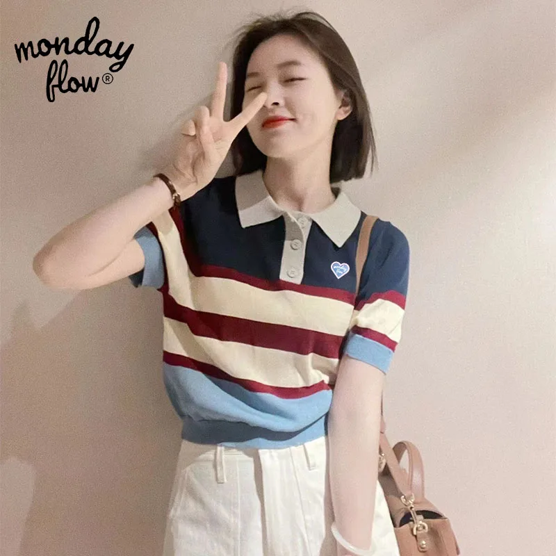 

Monday Flow Summer Women Striped Knitted Golf Shirt For Ladies Golf Wear Fashion Design Contrasting Casual Golf Polo Shirts