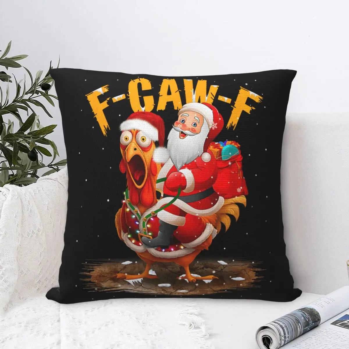 Funny F-Caw-F Santa Riding Chicken Christmas Pillow Case Cushion Cover Square Graphic Pillow Cover Kawaii Pillowcases Home Decor