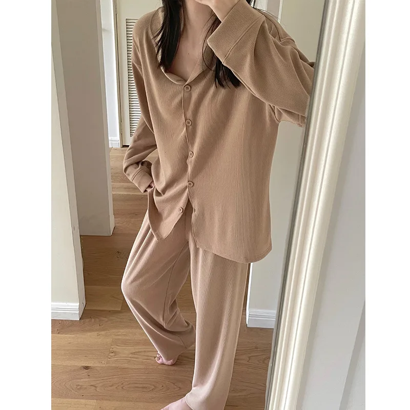 Pyjama Pour Femme Spring Autumn Outside Wear Home Clothes Korean Lapel Long Sleeve Shirt Sleepwear Set Pajamas For Women Suit