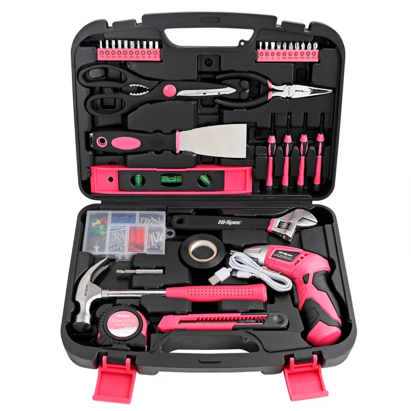 

Household tool set Pink wrench pliers hammer electric screwdriver toolbox maintenance combination set