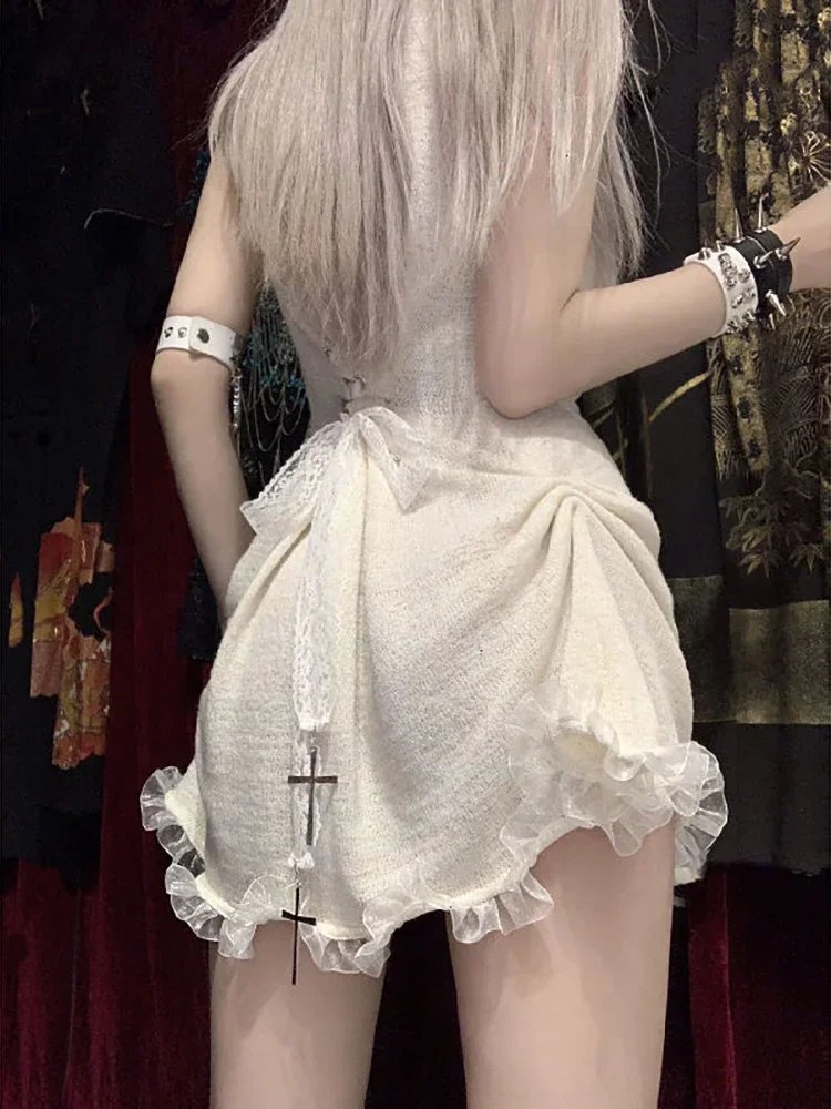 Skull Knitted Dress Women Mini Mesh A-line Sleeveless Elegant Gothic Punk Y2k Clothes Summer Sexy Dark Kawaii Vestidos Vintage