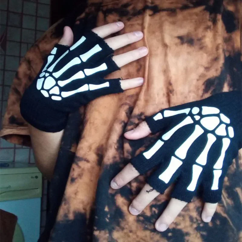 Unisex-Erwachsene Halloween-Halbfingerhandschuhe mit Skelett und Totenkopf, leuchtet im Dunkeln, fingerlose Stretch-Strick-Winterhandschuhe