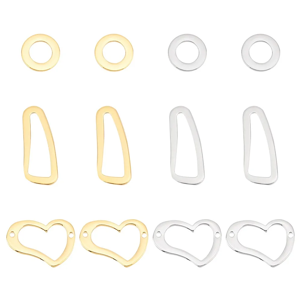 12 anillos de unión de acero inoxidable 304, 6 estilos, planos, redondos, con forma de corazón, color dorado, 12~25x11~21x1mm