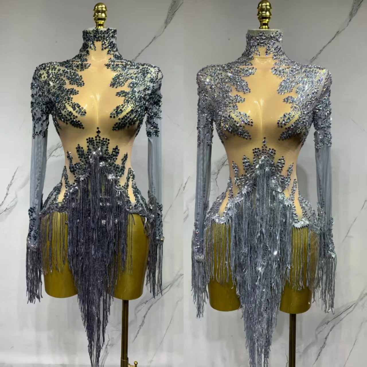 

Роскошное женское прозрачное платье для латинских танцев со стразами и кисточками, сексуальный костюм для ночного клуба, вечеринки, сценический костюм