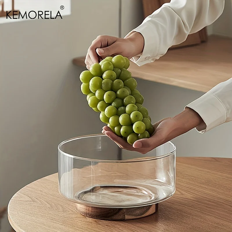 Glass Fruit Bowl Creative Large Salad Bowl Wood Base Snacks Popcorn Nuts Storage Bowls Home Christmas Snack Storage Container