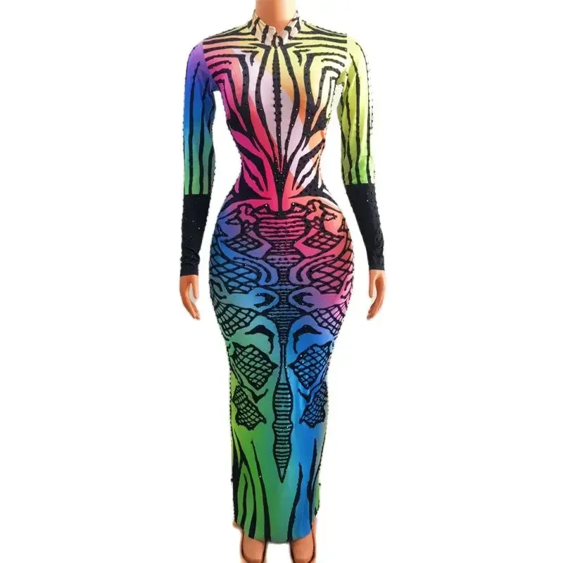 Strass coloridos vestido feminino festa de aniversário celebrar roupa noite vestidos de baile drag queen trajes palco wear xs5978