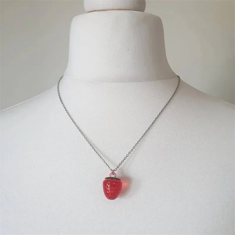 Simple Strawberry Pendant Necklace Red and Pink Strawberry Charm Coquettish Cottage core Fairy core Jewelry