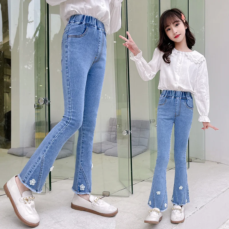 

Girls' Spring Autumn Denim Jeans Elastic Pants Flared Long Trousers Trendy Middle School Students' Clothing Kids' Faion