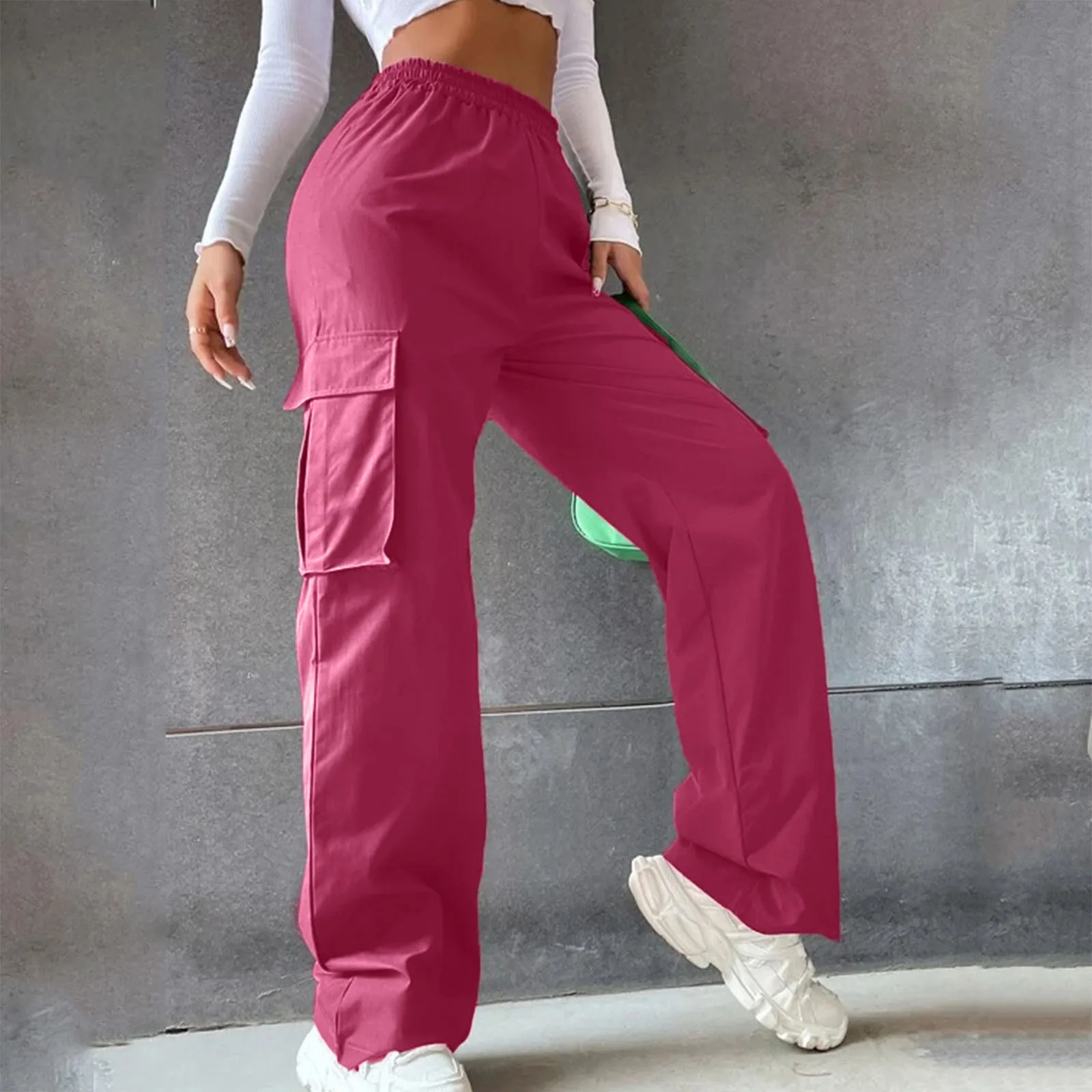 Women Casual Cargo Pants Fashion Solid Overalls Mid Waist Elastic Waist Loose  Relaxed Style Streetwear Trousers