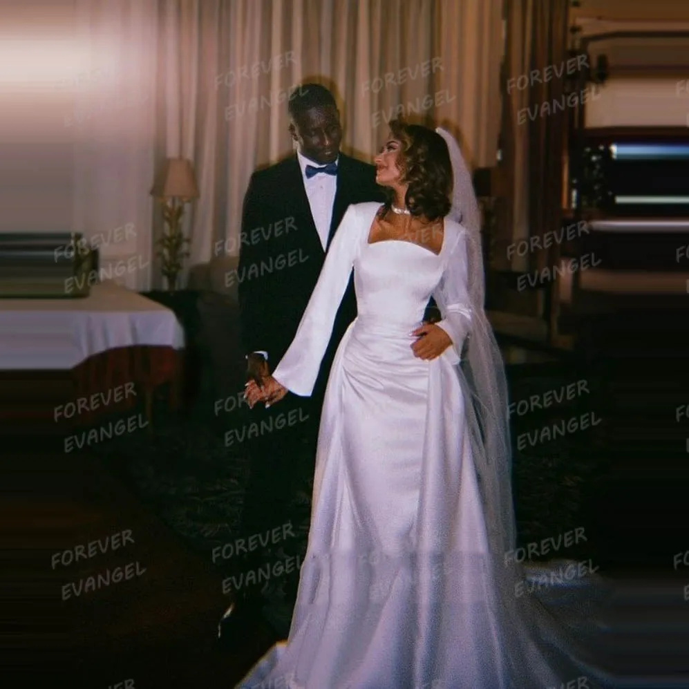 シンプルなウェディングドレスマーメイド女性の 2 で 1 長袖セクシーなスイープトレイン花嫁ドレスボートネック Vestidos デノビアカスタマイズ