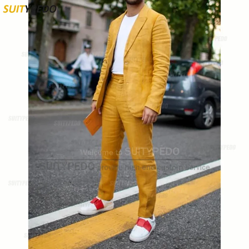 

2023 Orange Linen Suits for Men Slim Fit Formal Beach Prom Wedding Blazer Pants 2 Piece Groomsmen Best Man Groom Clothings Set