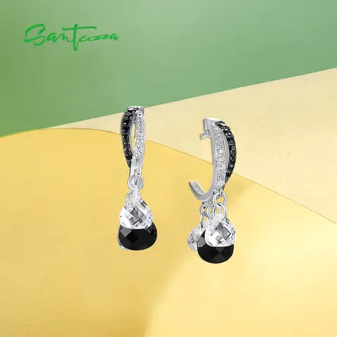 SANTUZZA Pure 925 Sterling Silver Stud Earrings For Women Sparkling White CZ Black Spinel Dangling Delicate Party Fine Jewelry