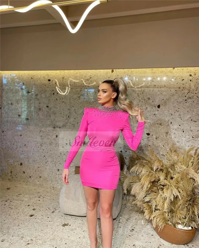 

Smileven Matt Satin Long Sleeve Cocktail Party Dress Beading High Neck Prom Dress Sexy Open Back Night Club Party Dresses 2024