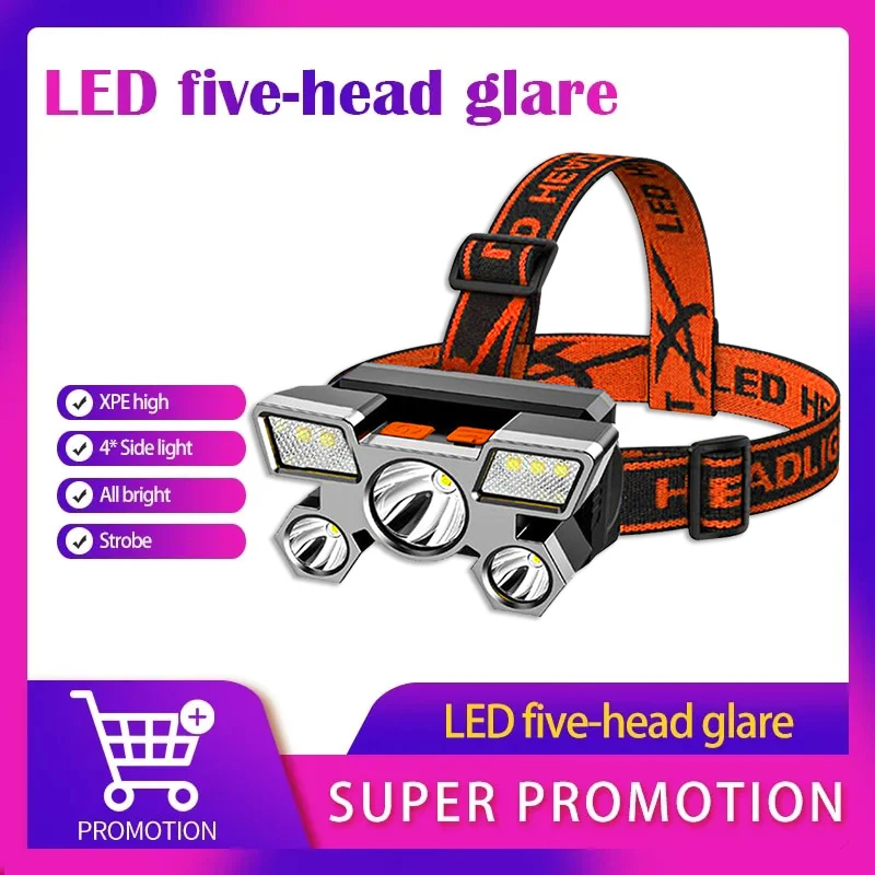 5 LED USB Rechargeable Headlamp Built-in18650 Battery Headlight Portable Head lamp Flashlight Working Fishing Camping Lantern