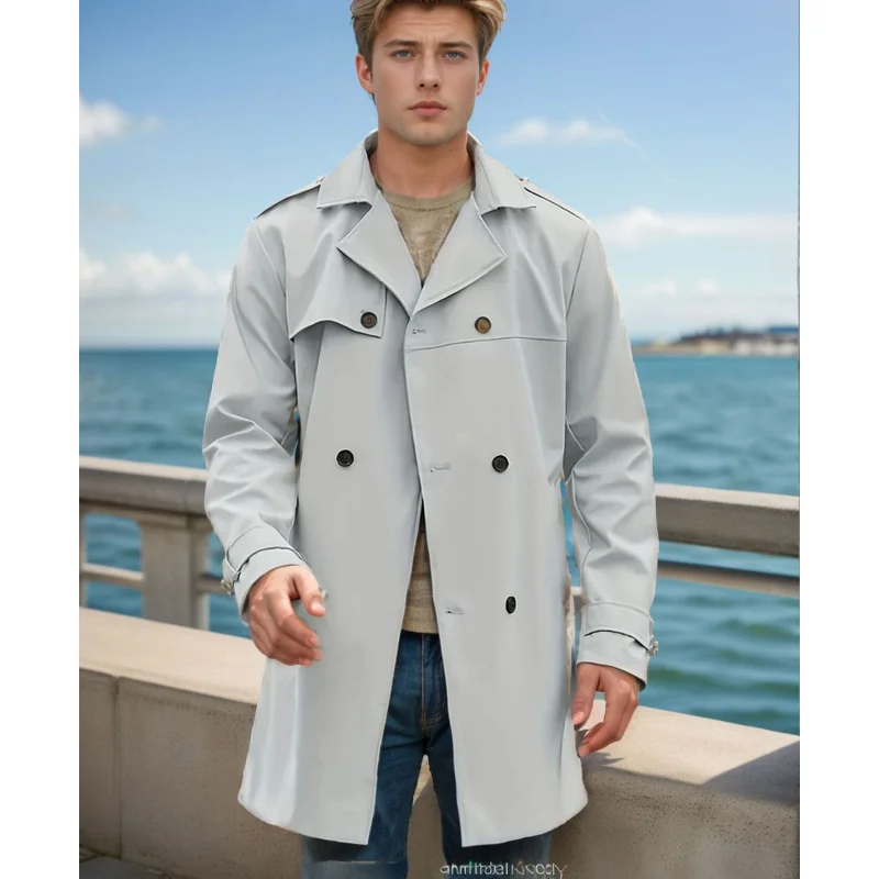 Lente en herfst nieuwe pure kleur trenchcoat met lange mouwen heren revers slanke casual jas met dubbele rij knopen