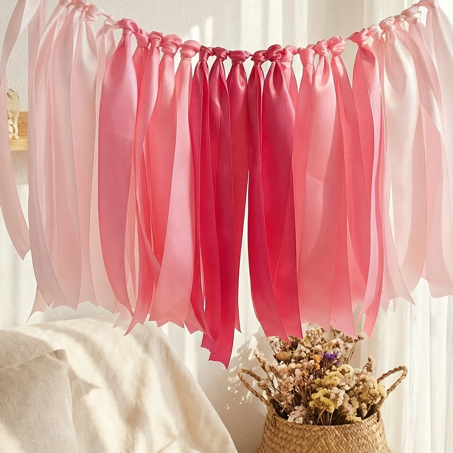 1 Pack Soft Satin Ribbon Garland, Hand Tied Decor for Birthday Bridal Shower Bachelorette Festival, Princess Room Decor