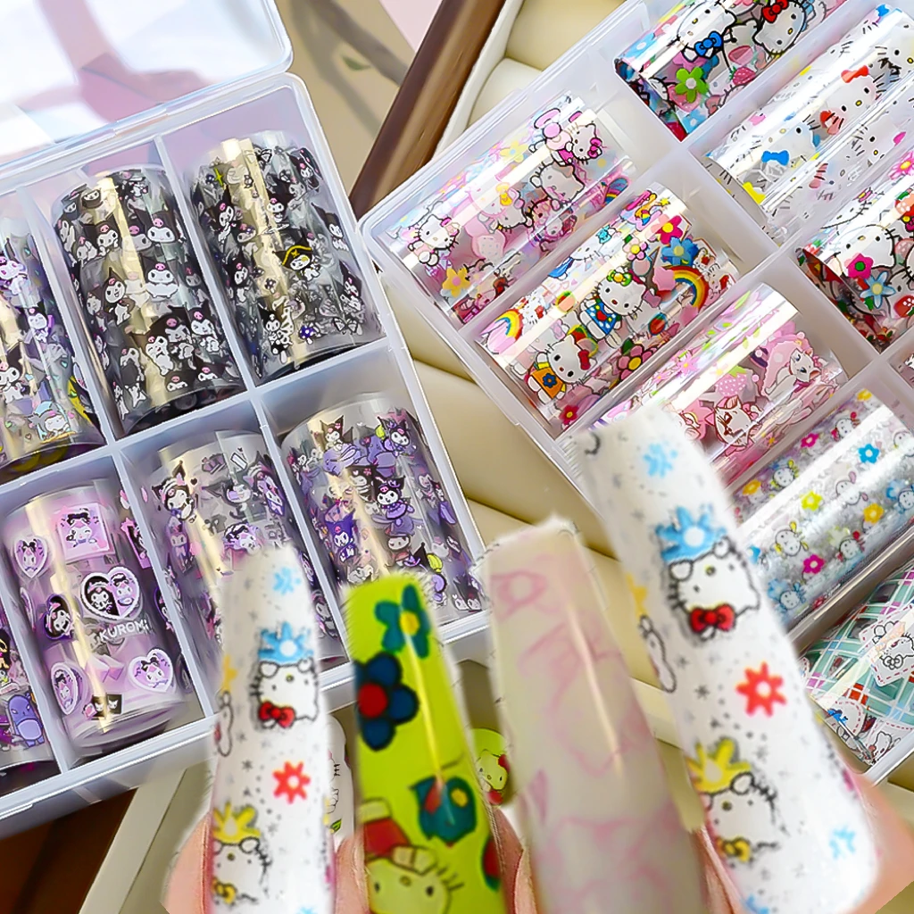 10Rolls/Box3D 혼합 HelloKitty Kuromi 네일 호일 스티커 Kawaii 다채로운 키티 네일 데칼 만화 블랙 퍼플 Kuromi 네일 슬라이더
