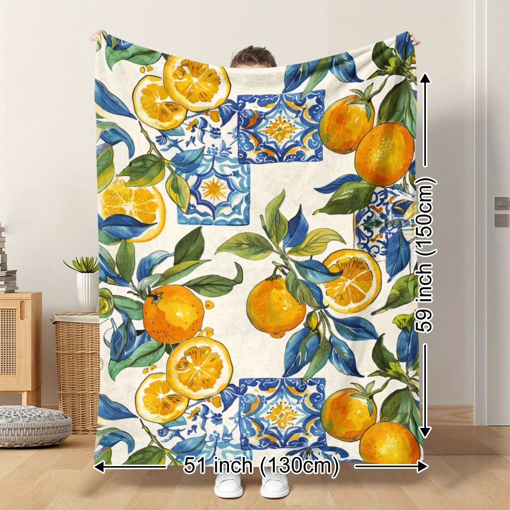 Orange Blanket Modern Throw Blankets Mediterranean Citrus Bed Cover Vintage Tile Retro Aesthetic Living Room Sofa