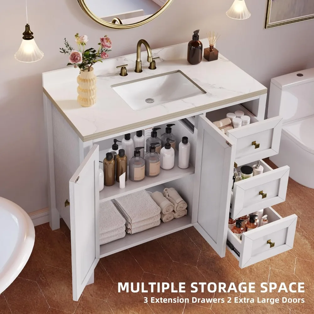 Bathroom Vanity with Sink Combo, Modern Bathroom Storage Cabinet with Sintered Stone Countertop & Splash Guard, Three Holes