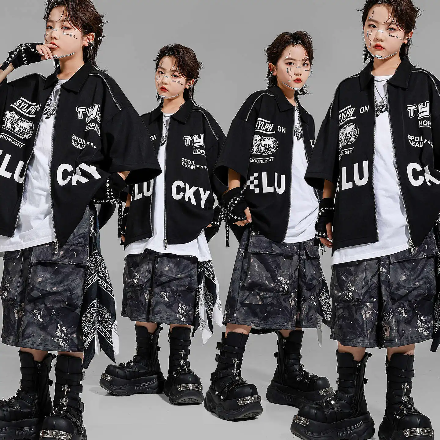 

Kid Kpop Hip Hop Clothing Black Letters Zip up Shirt Print Casual Cargo Shorts Middle Pants for Girl Boy Dance Costumes Clothes