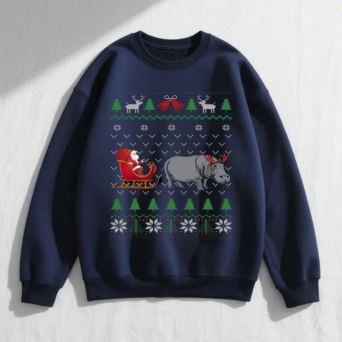 Lustiges Nilpferd, das Weihnachtsmann-Schlitten zieht, lustiges Nilpferd-Thema, hässliches Weihnachts-Sweatshirt, männlich, Roupas Feminina, Langarm-Tops