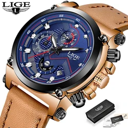 LIGE Mens Watch Top Brand Luxury Quartz Wristwatch Military Watches Men Casual Leather Waterproof Sport Clock Relogios Masculino