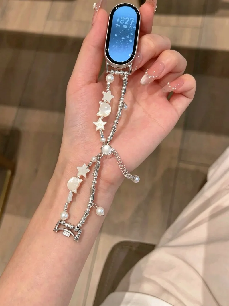 Cute Star Beaded Metal Bamboo Strap for Xiaomi Mi Band 11 10 9 8 Women Bracelet for Redmi Watch 6 5 4 Belt Replacement Wristband