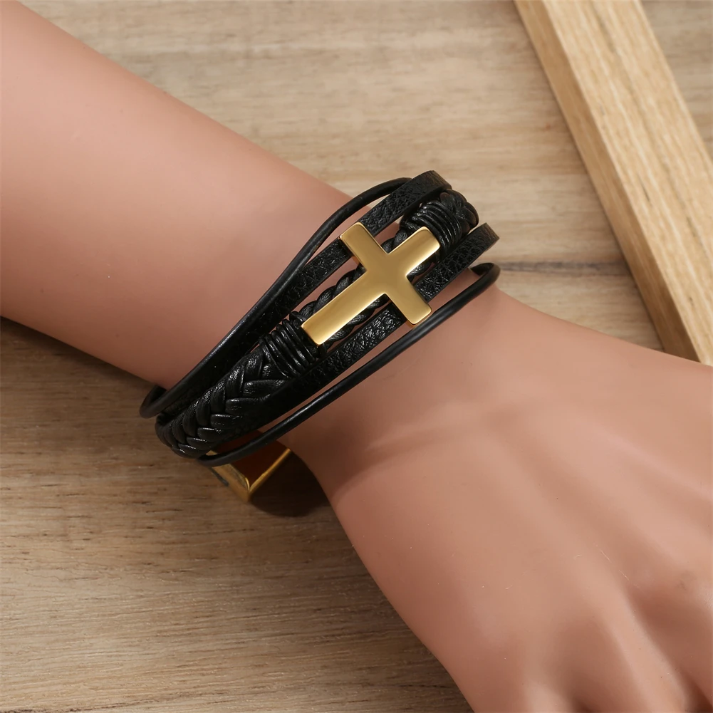 سوار مسيحي متقاطع للرجال - أساور جلدية دينية من الفولاذ المقاوم للصدأ للرجال - مجوهرات بانك متعددة الطبقات