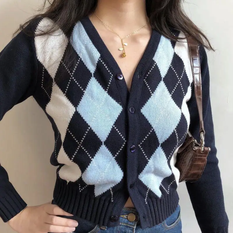 Vintage Geometric Rhombic Cardigan Sweater Women Autumn Winter Warm Long Sleeve Knitted Outerwear Elegant V-Neck Chic Knit Tops
