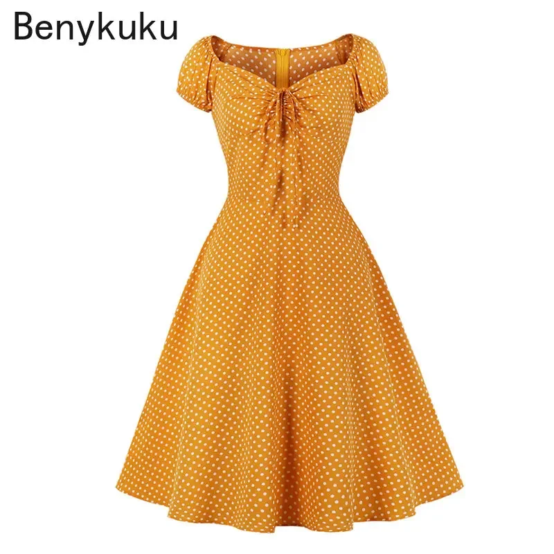 

Tie Sweetheart Neck Polka Dot Vintage Summer Dress Women High Waist Retro Female Casual Dresses 1950s Style Robe Femme