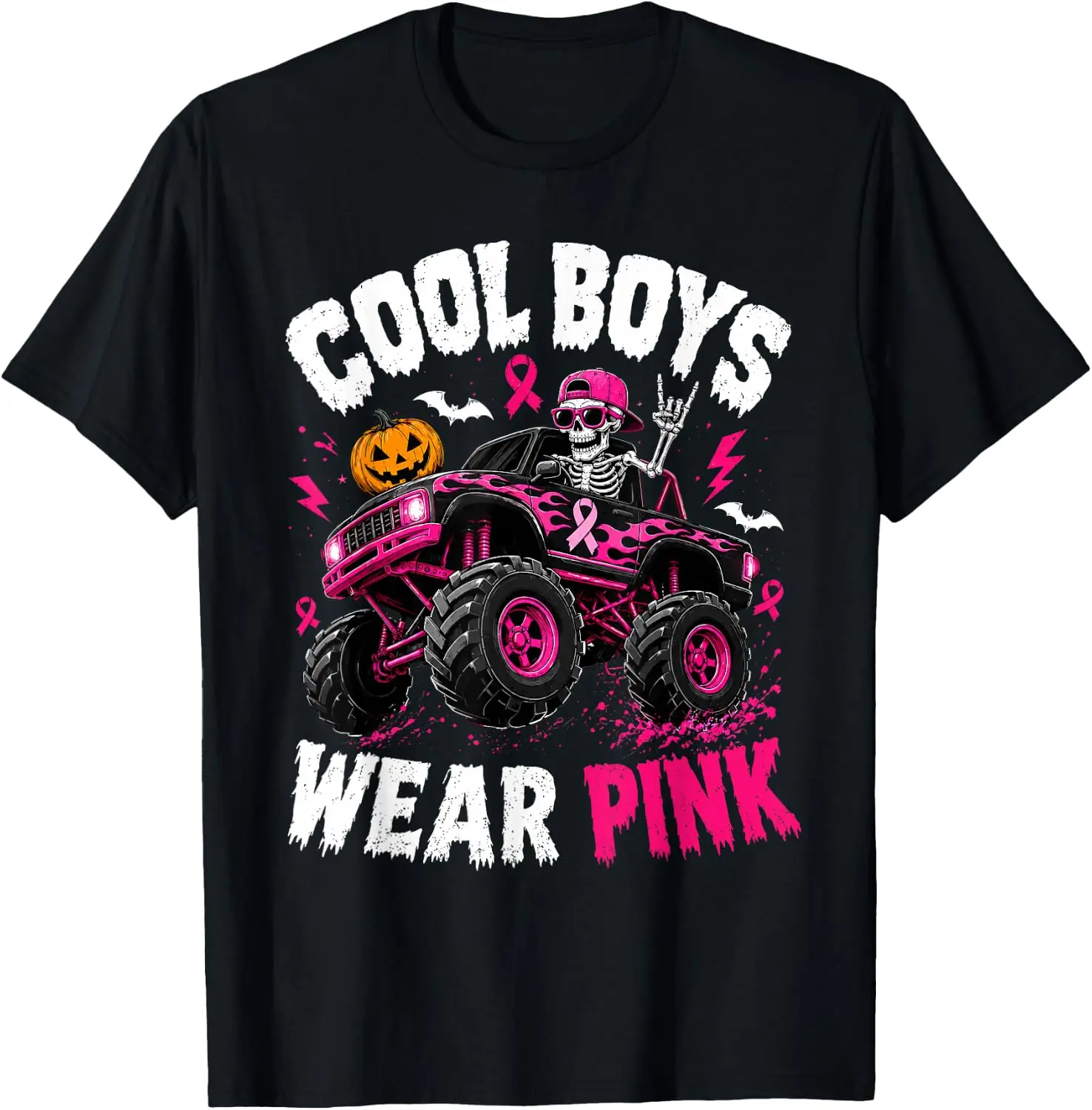 Monster Truck Breast Cancer Awareness Cool Boys Wear Pink T-Shirt Men Women Unisex Novelty Graphic T‑Shirt, Classic Crew Neck 100% Cotton Tee, Lightweight Anti‑Pilling Breathable Casual Tops, Year‑Round Daily Outfit, Holiday Birthday Present Tee