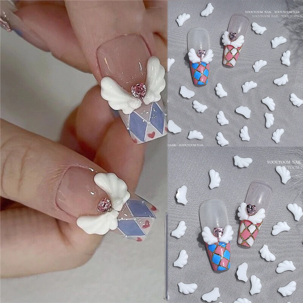 100Pcs Left/Right White Angel Wings Nail Art Charm 4.5X8mm Resin Jewelry Decor Cartoon Symmetrical Wing Parts Manicure Accessory