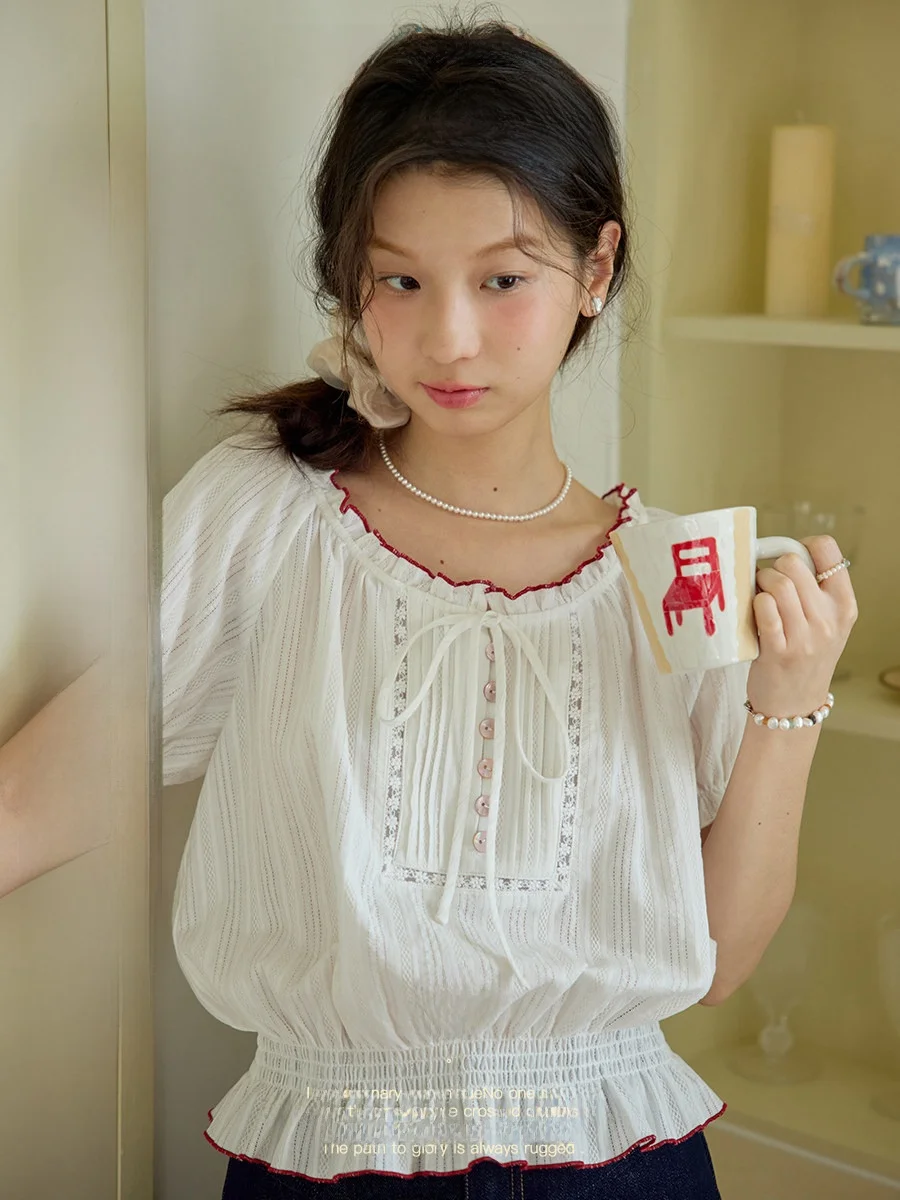 

Nov Et Summer Floral Lace ort Sve White irt Women's Bow Tie round Ne Retro Sle Cotton Blend Casual irt