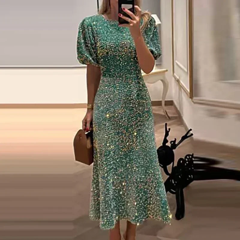 مزاجه 2024 Bodycon الترتر نفخة الأكمام فساتين شارع العليا بريق عالية الخصر فستان الحفلات المرأة شيك س الرقبة فستان طويل