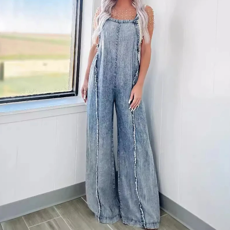 Jumpsuits Women Loose Casual One Piece Jeans Sling Sleeveless Wide Leg Long Pants Suspenders Rompers Denim Y2k Overalls 2024