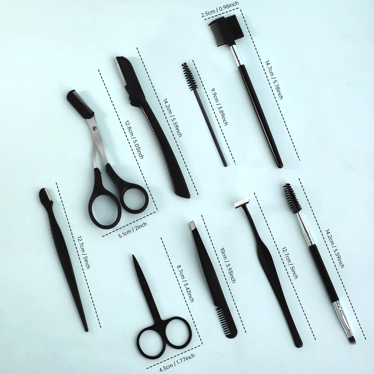 10-piece eyebrow trimmer set includes scissors, tweezers, eyebrow shaver, eyebrow comb and eyebrow clip,  daily makeup tool set