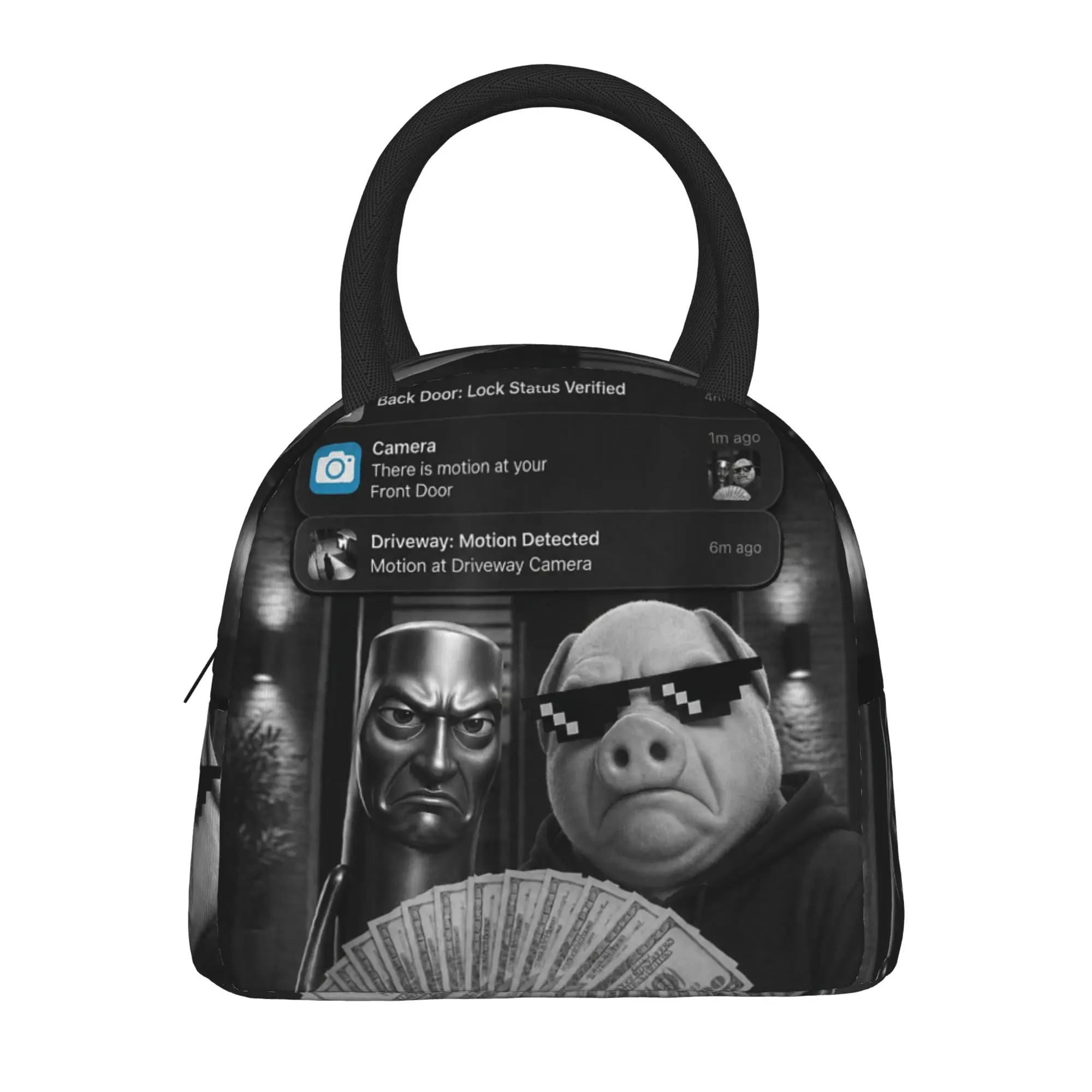 John Pork and Tung Tung Tung Sahur Front Door Motion Lunch Bag Lunch Box Adult School Cooler Bag Oxford Thermal Tote Handbags