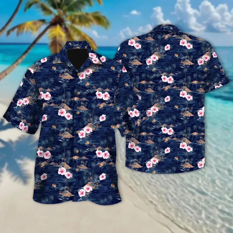

Tropical Island Palm Tree Print Beach Shirt Men's Navy Blue Short Sleeve Button Up Hawaiian Shirts For Beach Wear Cuban Shirt