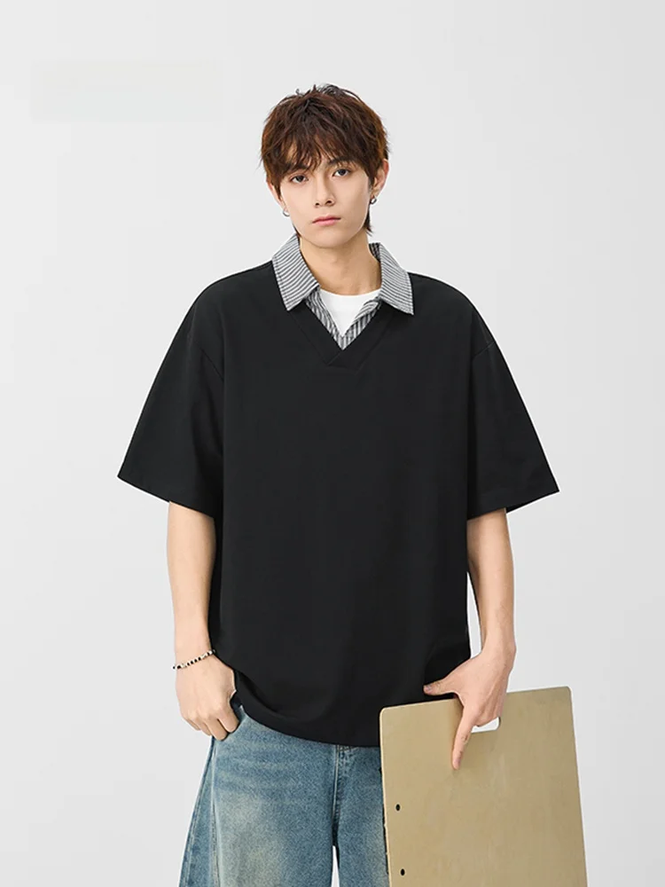 

MMOPTOP Summer American Heavyweight Collared T-irt Men's ort Sve Trendy Brand Loose Fake Two-Piece Casual f Sl...