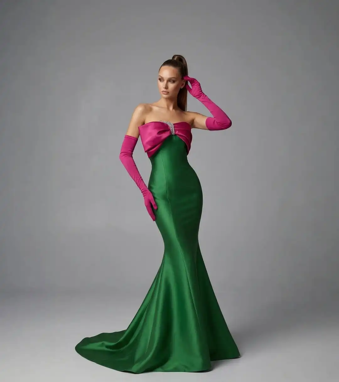Custom Pink Green Arabic Evening Dresses Floor Length Satin Prom Gowns