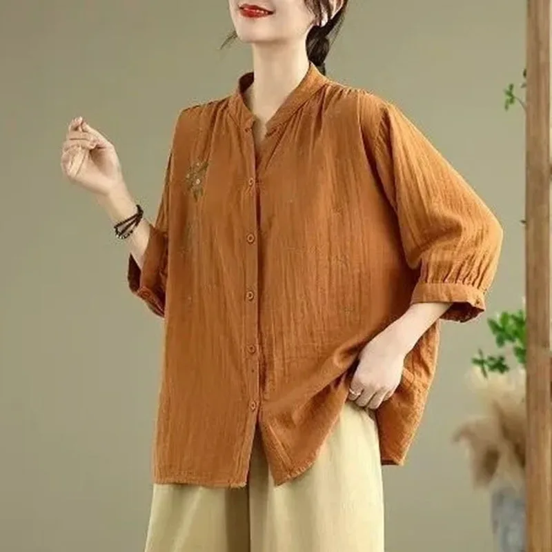 

Lady Large Size 6XL Blouse Outwear Spring Summer Female Embroidery Loose Shirts Coat Korean Women Fashion Mid Sleeve Tops Jacket