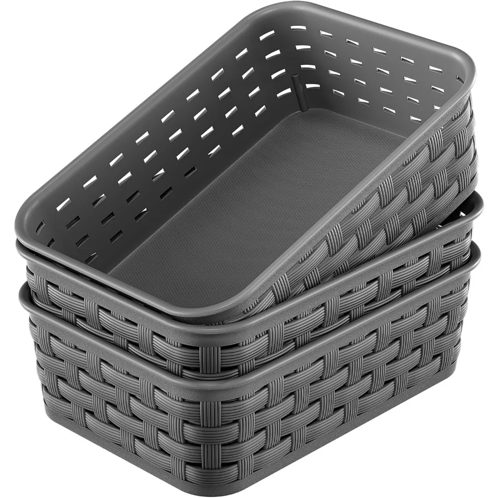 

Three Small Plastic Baskets for Organizing Pantry Laundry Room Bedroom Kitchen Cabinet Countertop Dark Gray