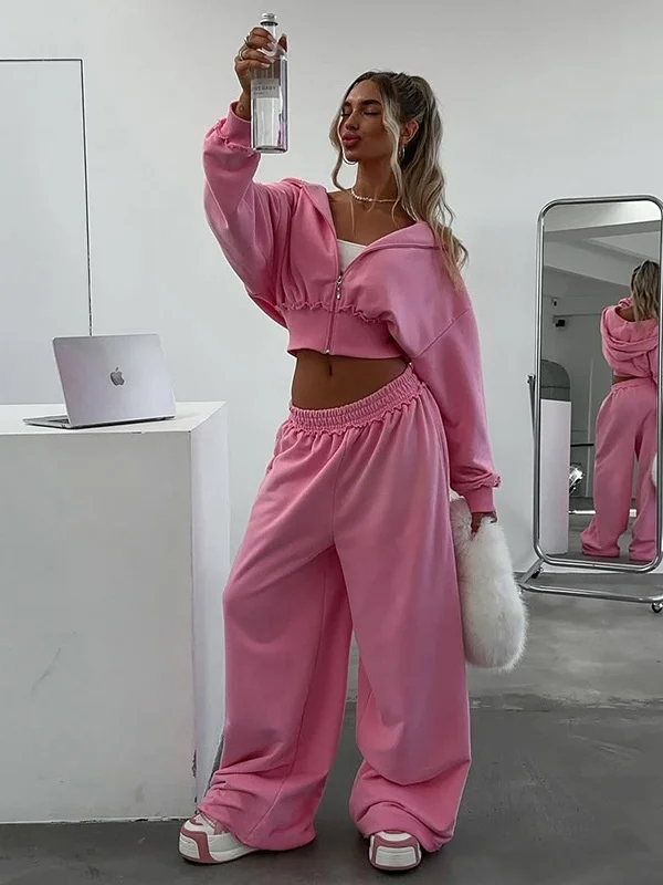 

Women's ort Hooded Crop Top Set High Waist Wide Leg Casual Pants Autumn Faion Outfit Tee Pieces Long Sve Color