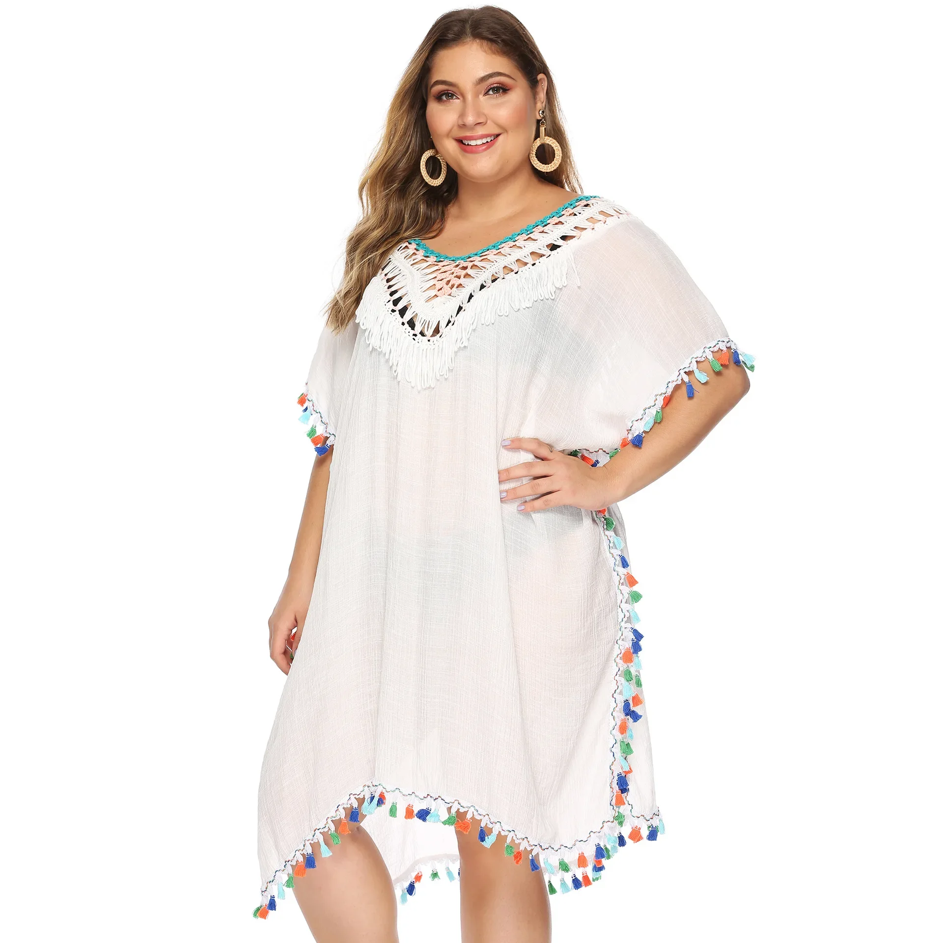 Effen Vrouwen Plus Size Bikini Cove Up Korte Mouw Grote Grote Tuniek Dame Mollige Strandjurk Kwasten Holle Badpak Cover-Ups