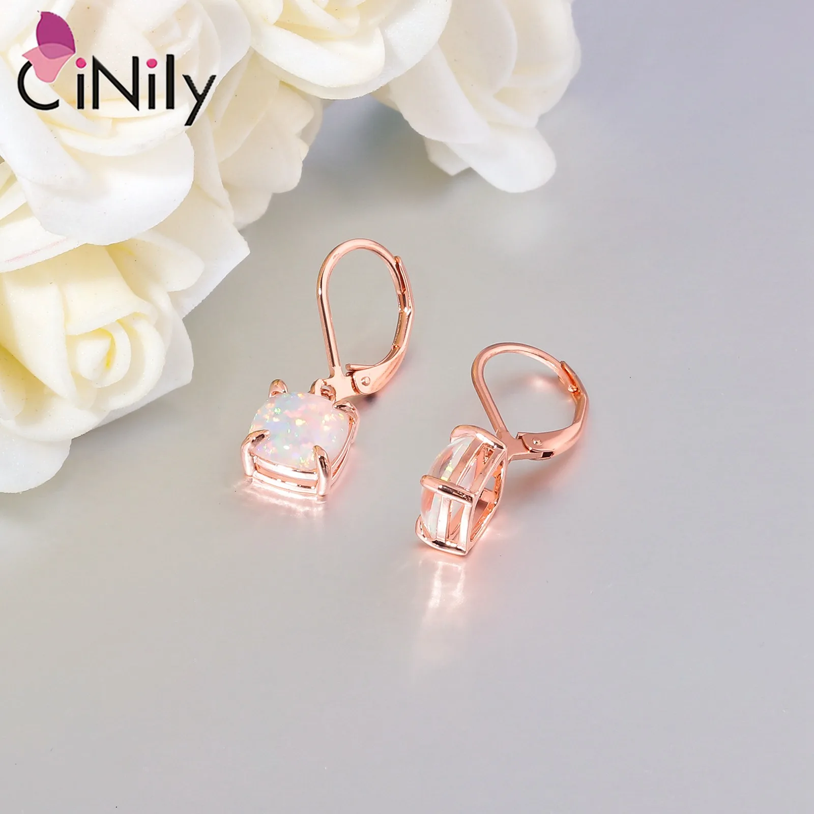 CiNily White Fire Opal Drop Dangle Earrings With Square Stone Rose Gold/Silver Plated Fashion Jewelry for Woman Gifts